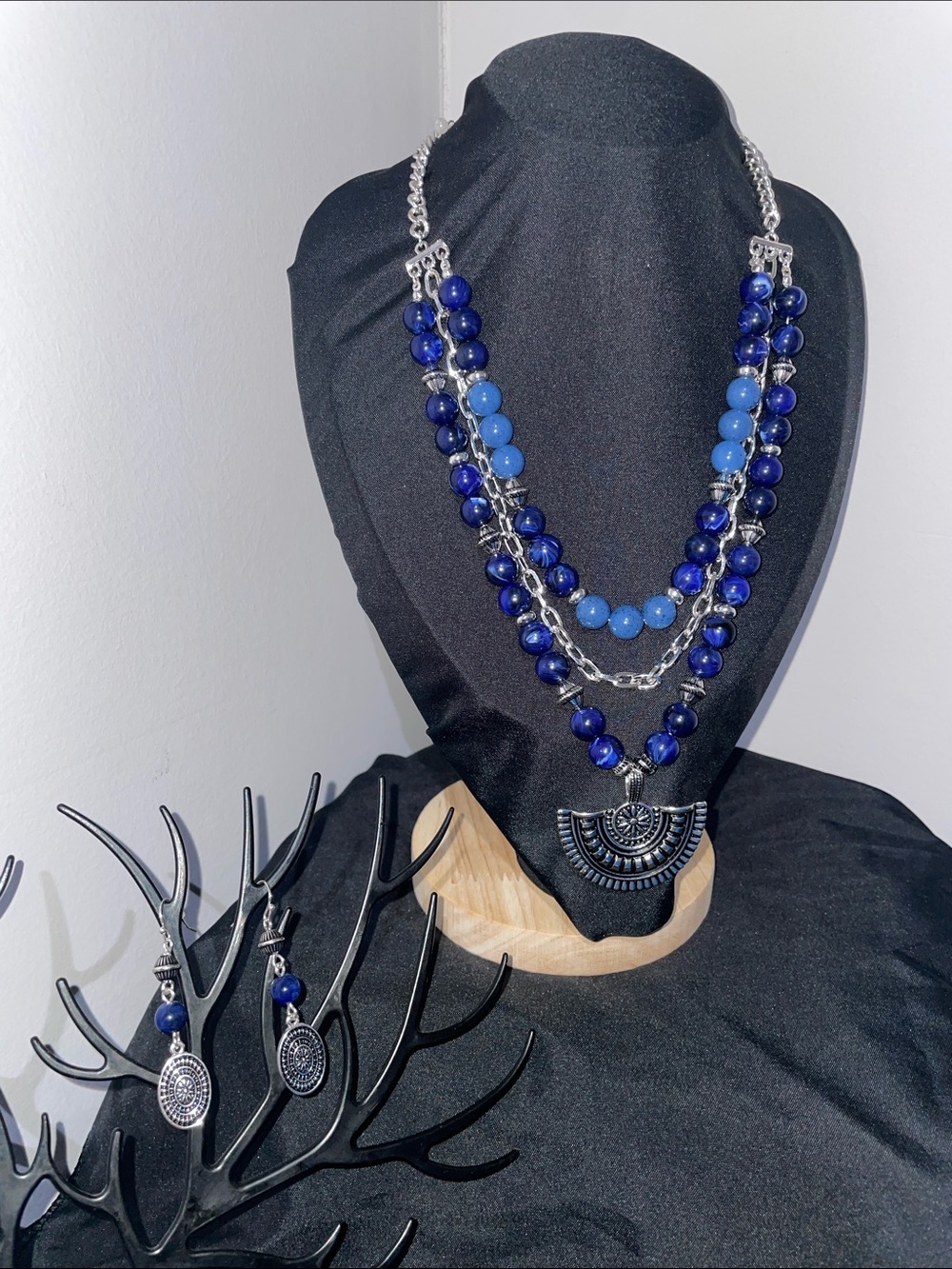 Blue Tribal Charm Necklace and Earring Set